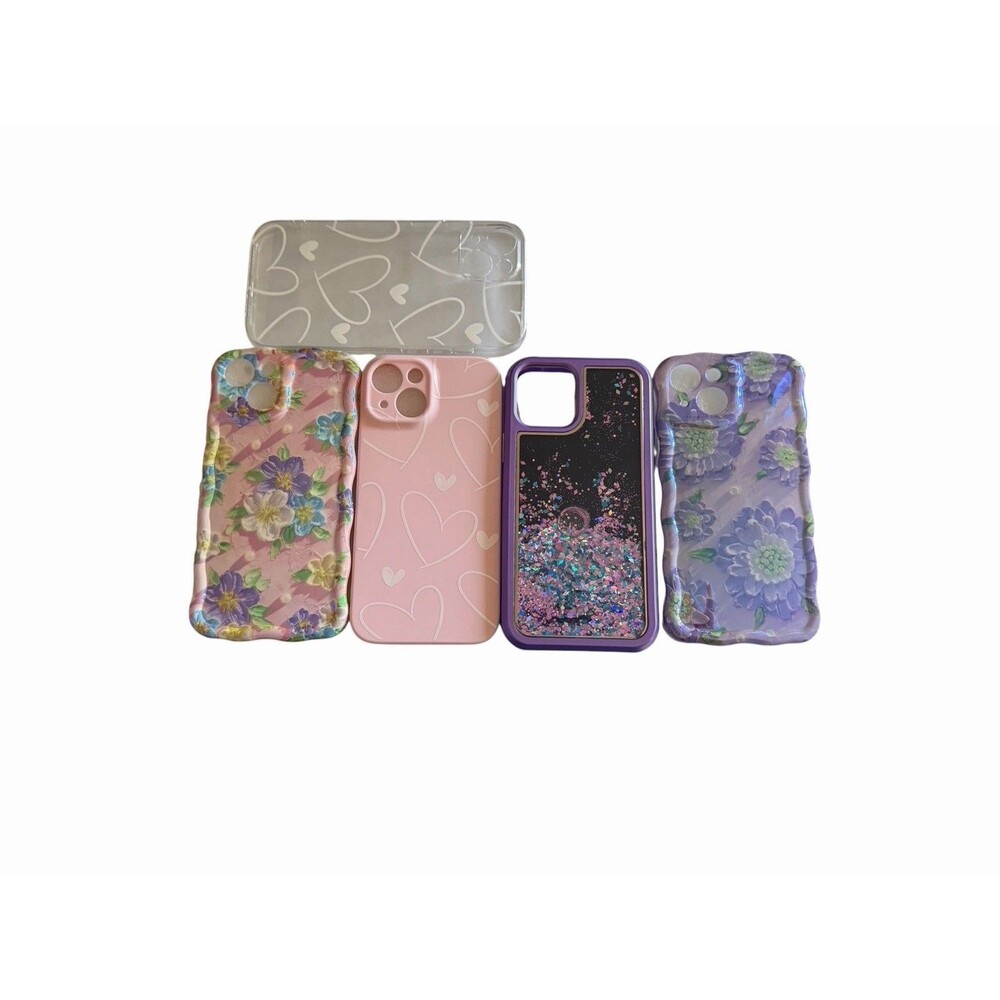 Bundle 5 iPhone 15 Cases Floral Pink Purple Hearts Clear Silicone 3 New 2 Used